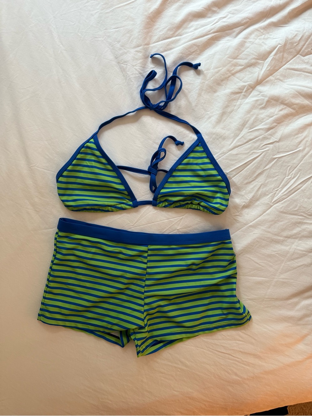 SHEIN Blue & Green Striped Two-Piece Swim Shorts Set